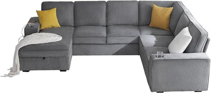 AMERLIFE 112 Inch U Shaped Couch, Oversized Couch with Storage Chaise & Cup Holders, Sectional Sofa with USB & Type-C Charging Ports, Corduroy Grey
