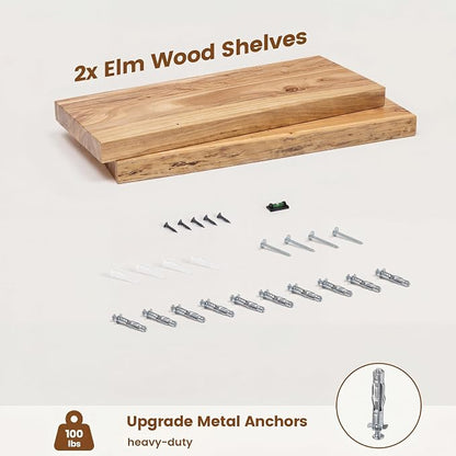 Venusmiles Elm Floating Shelves for Wall Decor, Rustic Solid Wood Shevles Wall Mounted with Invisible Bracket for Living Room Bathroom Bedroom Kitchen, 22.5 Inch Set of 2, Natural