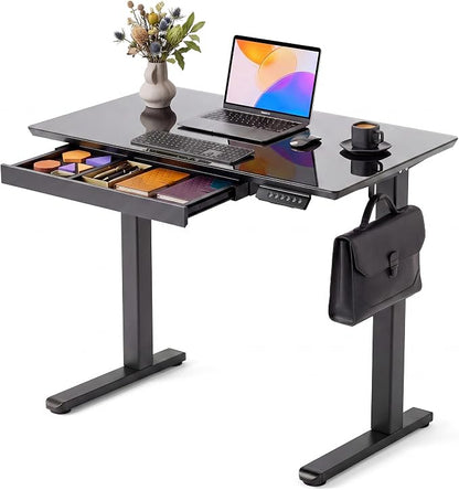 INNOVAR Glass Standing Desk with Drawers, 35×20 Inch Adjustable Stand Up Desk, Quick Install Home Office Computer Desk, Black