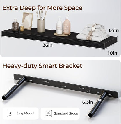 Fun Memories Floating Shelves for Wall 36 Inch Set of 3, Farmhouse Floating Shelves with Invisible Heavy Duty Bracket, 10 Inch Deep Bathroom Shelves for Storage, Living Room, Kitchen, Decor, Black