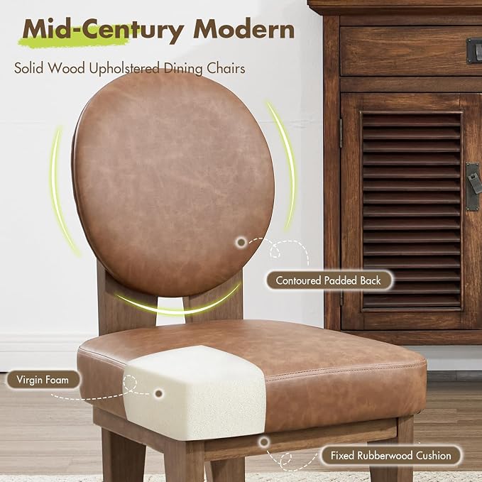 Hyfirm Mid-Century Modern Walnut Dining Chairs Set of 2, Vintage Brown Leather Wooden Kitchen Chairs, Retro Upholstered PU Cushioned Seat with Curved Backrest, Armless Accent Side Chair for Bedroom