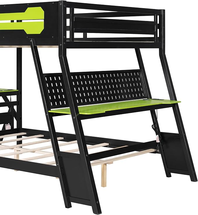 Merax Wooden Full Over Full Bunk Bed with 2 Side Desks, USB Desktop Ports and Pegboard Organizer, Gaming Bunk Bed for Gamer, Kids or Teens, No Box Spring Needed, Green