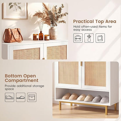 LOKO Shoe Storage Cabinet with 2 Doors, 6-Tier Rattan Shoe Organizer with Adjustable Shelves & Open Compartment, Freestanding Hidden Shoe Cabinet for Entryway, Closet & Living Room (White)