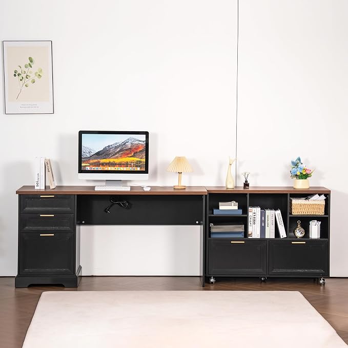 60" Professional Office Desk with 40" Mobile File Cabinet,Business Desk with Charging Station,L Shaped Executive Desk Set for Office Work,Home Study