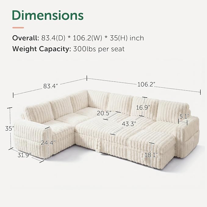 HONBAY Plush Corduroy Modular Sectional Sofa with Pull Out Bed, Convertible U Shaped Couch with Storage,Sleeper Sectional Couches for Living Room,Plush Beige