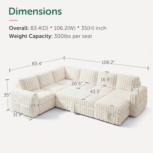 HONBAY Plush Corduroy Modular Sectional Sofa with Pull Out Bed, Convertible U Shaped Couch with Storage,Sleeper Sectional Couches for Living Room,Plush Beige