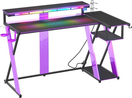 Bestier Computer Desk with Music Sync Light, Flow Vibe Corner Desk with Monitor Stand and PS5 Storage Shelves, Cup Holders, and Headset Hooks for Bedroom Small Space (Black Purple, 57 Inch)