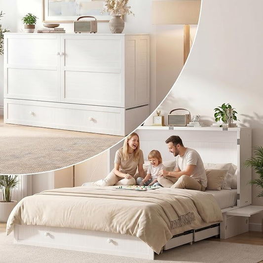 Mjkone Murphy Bed Queen Cabinet Bed with Tri-fold Mattress and Built-in USB Charging, 2 Drawers, Bedside Panel, Hidden Guest Beds, Murphy Cube Chest Cabinet Beds for Bedroom, Apartment - White