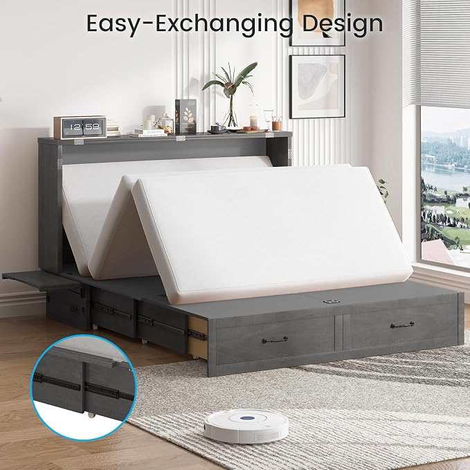 PUREMIND Queen Murphy Bed with Mattress Included, Murphy Cabinet Bed with Storage Drawer, Built-in Charging Station, Solid Wood Frame, Space-Saving Cabinet Beds for Small Spaces/Guest Room (Gray)