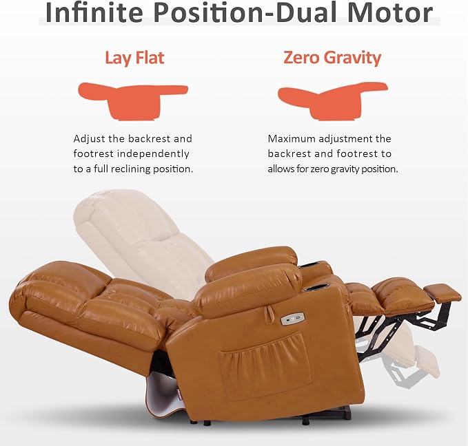 MCombo Large Dual Motor Power Lift Recliner Chair for Elderly, Zero Gravity Lift Chair with Heat and Massage, Infinite Position Lay Flat Recliner, USB Ports, Faux Leather 7896 (Tawny, Large)