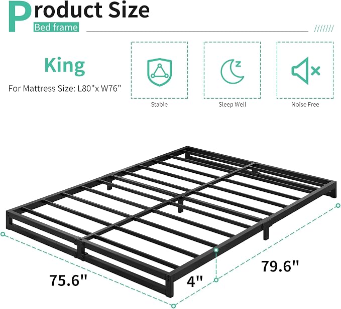 Lutown-Teen 4 Inch King Size Bed Frame Sturdy Mattress Foundation, Heavy Duty Metal Platform with Steel Slats Support No Box Spring Needed, Noise Free, Easy Assembly, Black