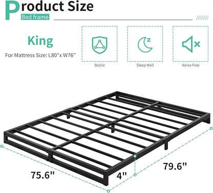 Lutown-Teen 4 Inch King Size Bed Frame Sturdy Mattress Foundation, Heavy Duty Metal Platform with Steel Slats Support No Box Spring Needed, Noise Free, Easy Assembly, Black