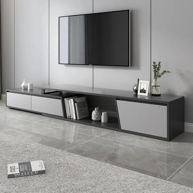 homary Extendable TV Stand with 3 Drawers Minimalist Rectangle Entertainment Center TV Console Up to 110" (70.9”W-110.2”W) (Gray)