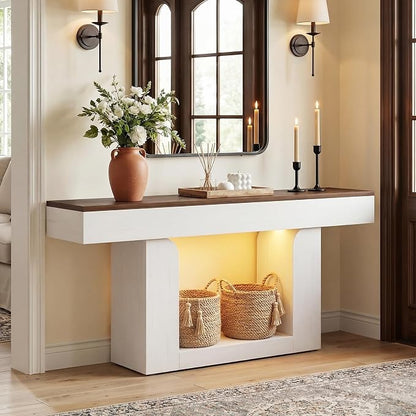 Homieasy Console Table, 63" Entryway Table with LED Lights & Charging Station, Farmhouse Wooden Sofa Table Behind Couch, Narrow Hallway Table for Living Room, Foyer, Entry, Antique White & Brown