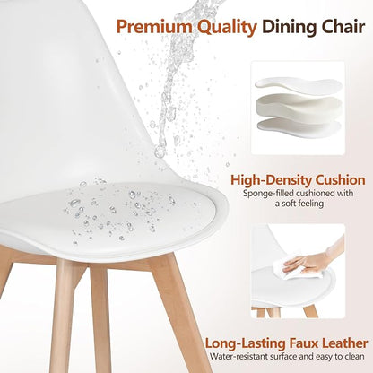VECELO Dining Chairs Set of 4, Mid-Century Modern Kitchen & Dining Room Chairs, PU Leather Upholstered Seat, Solid Wood Legs, Armless, Non-Slip Feet, White