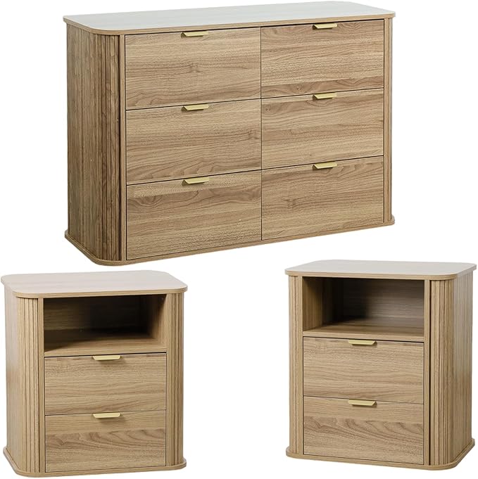 3-Piece Bedroom Furniture Set, Modern Fluted 6 Drawer Dresser & 2-Drawer Nightstands,Mid-Century Wood Storage Cabinet Set n for Bedroom, Hallway (Walnut)