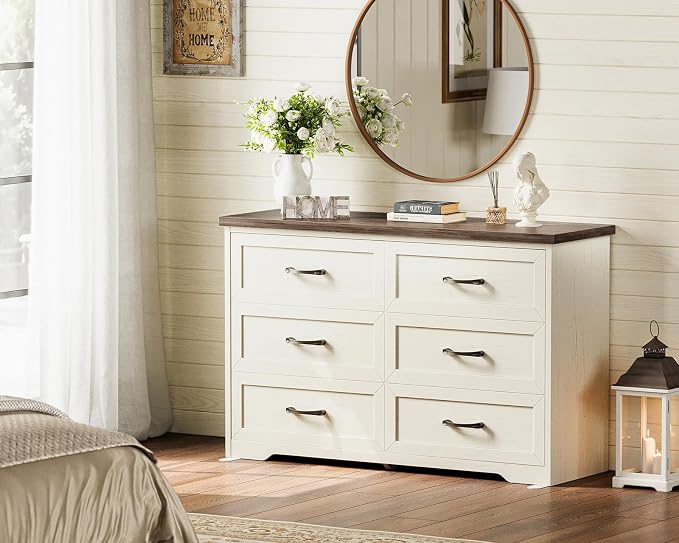 AODK Farmhouse 6 Drawer Dresser for Bedroom, 47” Wide Rustic Storage Dresser with Engineered Wood Frame, Anti-Tip Safety Chest, American Country Bedroom Furniture, Walnut & Vintage White