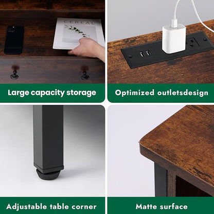 27 Inch LED Nightstand with Charging Station, 2 Drawers, Retro | Solid Wood and Steel Frame, 2 AC Outlets, 2 USB Ports, RGB App Control, Open Storage, Adjustable Feet, for Bedroom or Office