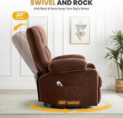 Swivel Recliner Chair for Adults with Vibration Massage and Lumbar Heat , Oversized Ergonomic Rocking Chair for Living Room and Bedroom, Featuring Side Pocket, 2 Cup Holders & USB Charge Port