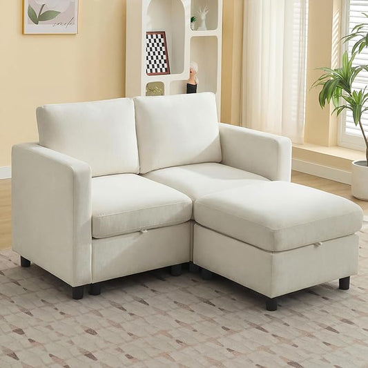 WUTUTUEE 58”Modular Sectional Loveseat Sofa with Storage, Comfy Office L Shaped Sofa Couch, Chenille Love Seat Modular Sectional Couch with Movable Ottoman for Living Room, Bedroom, Beige