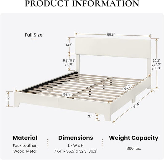 SHA CERLIN PU Leather Upholstered Full Size Bed Frame with Headboard, White | Adjustable Low-Profile Platform Bed, Minimalist Design, Stable Mattress Foundation, Strong Back-Support, No Box Spring Needed