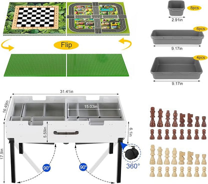 Taladad&kydspac 3 in 1 Table with Storage,Wooden Kids Activity Table Compatible with Lego and Building Block,Construction+Train+Chess Toddler Play Table,Wheels for Under Bed or Sofa Storage