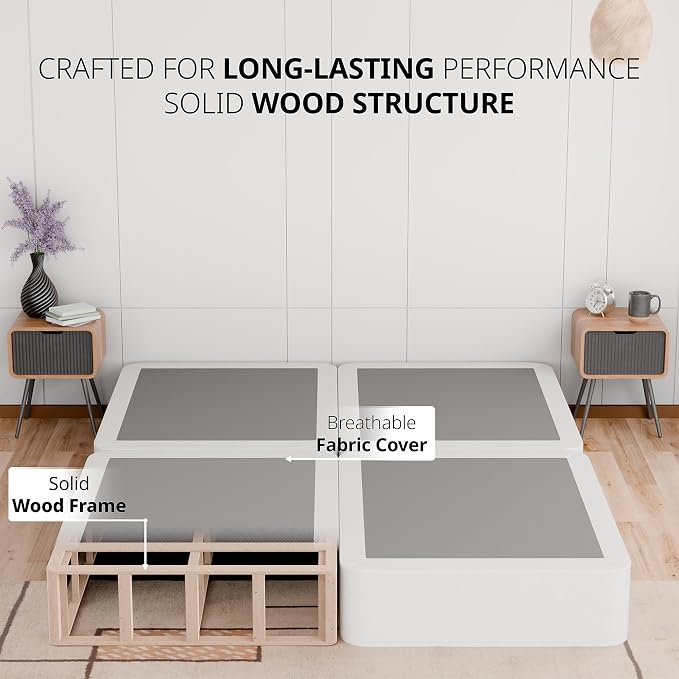 Box Spring Bed Base Queen Size, 8-Inch Wood Mattress Foundation – Amish Made in USA – Quiet Noise Free, Under Mattress-Support BoxSpring, Fully Assembled, White