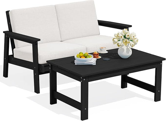 SERWALL Outdoor Loveseat, Black Frame and Khaki Cushion