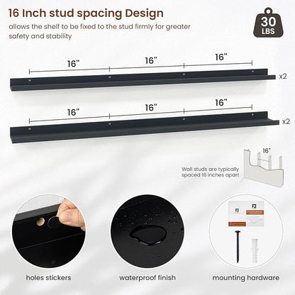 Axeman Picture Ledge Shelf | 55 Inch Black Floating Shelves Set of 4 | Rustic Wood Wall Shelves with Lip | 55" Black Picture Shelves for Wall with Ledge | Photo Shelves