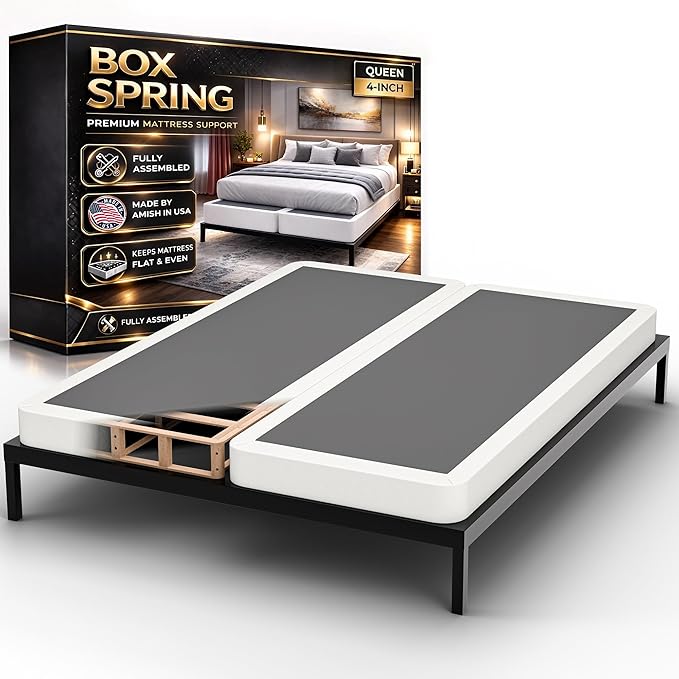 Box Spring Bed Base Queen Size, 4-Inch Wood Mattress Foundation – Amish Made in USA – Quiet Noise Free, Under Mattress-Support BoxSpring, Fully Assembled, White