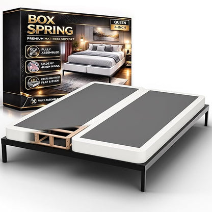 Box Spring Bed Base Queen Size, 4-Inch Wood Mattress Foundation – Amish Made in USA – Quiet Noise Free, Under Mattress-Support BoxSpring, Fully Assembled, White