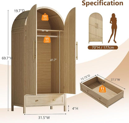 VINGLI Arched Wardrobe Closet Armoire with Drawer, 70" Tall Wooden Wardrobe Closet,Clothing Storage Cabinet, Large Capacity Storage, Natural Oak