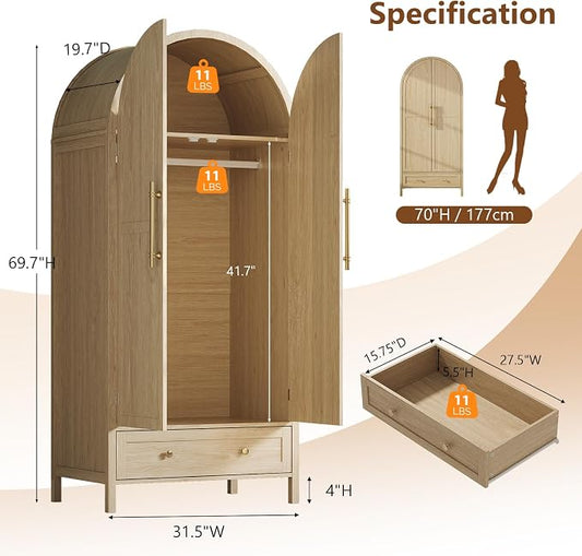 VINGLI Arched Wardrobe Closet Armoire with Drawer, 70" Tall Wooden Wardrobe Closet,Clothing Storage Cabinet, Large Capacity Storage, Natural Oak