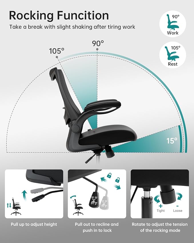 MUXX.STIL Office Chair, PU Leather Ergonomic Desk Chair with Adjustable Lumbar Support and Flip up Armrest, Breathable Mesh Computer Chair for Home Office, Black