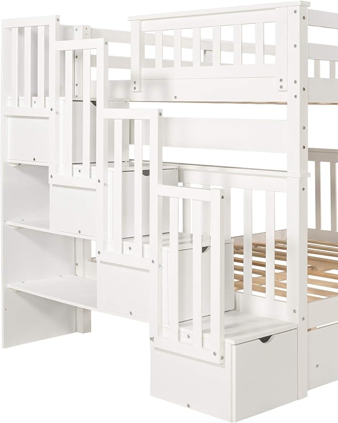 RUNNA Full Over Full Bunk Bed, Convertible, Storage Stairs White | Full over full bunk bed, convertible split design, storage stairs, solid pine wood, guardrails, no box spring needed,White