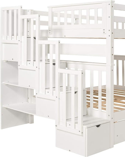 RUNNA Full Over Full Bunk Bed, Convertible, Storage Stairs White | Full over full bunk bed, convertible split design, storage stairs, solid pine wood, guardrails, no box spring needed,White