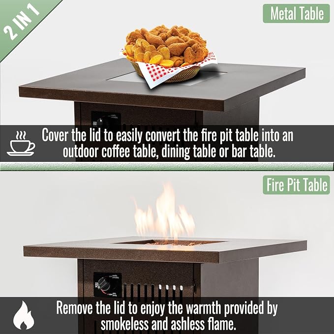 GDFStudio 28" Square Propane Gas Fire Pit Table, 50000 BTU Outdoor Steel Patio Heater with Hidden Tank Storage and Lid for Garden Deck Backyard, Brown