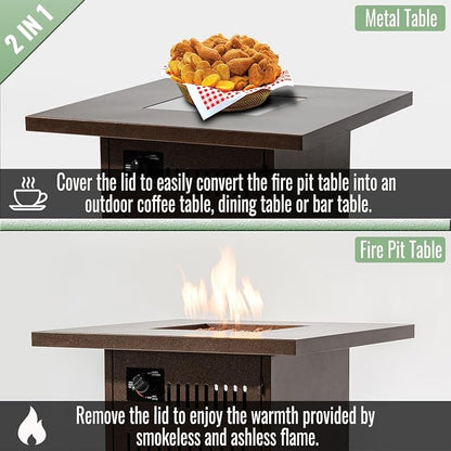 GDFStudio 28" Square Propane Gas Fire Pit Table, 50000 BTU Outdoor Steel Patio Heater with Hidden Tank Storage and Lid for Garden Deck Backyard, Brown