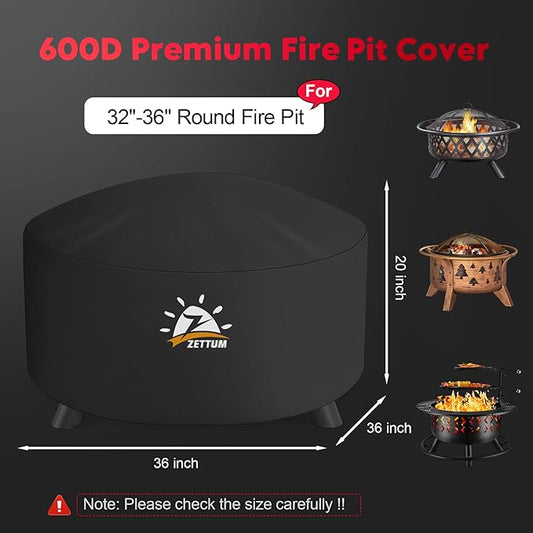 Zettum Fire Pit Cover Round 36 Inch - Outdoor Firepit Cover Heavy Duty & Waterproof, 600D Patio Fire Table Cover Gas Fire Pit Accessories Fade & Weather Resistant - 36 x 36 x 20 Inch