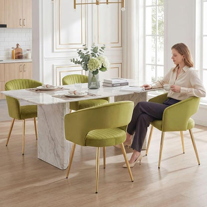 Hyfirm Green Velvet and Gold Dining Chairs, Set of 4 Modern Upholstered Arm Chairs with Hollow Backrest, Tufted Accent Side Chair with Sturdy Metal Legs for Dining Room, Living Room, Kitchen, Salon
