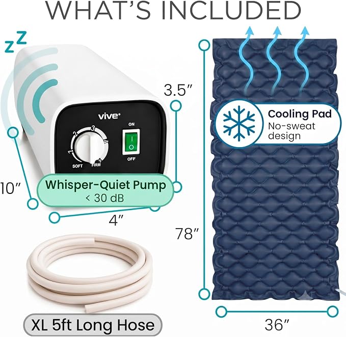 Vive Alternating Air Pressure Mattress Pad - The Original Bed Sore Prevention Solution - Hospital Topper for Bedridden Patients - Includes Waterproof, Breathable Ulcer Cushion & Whisper Quiet Pump