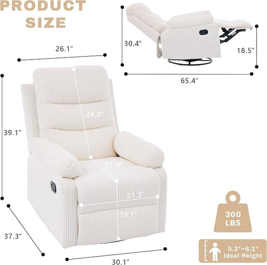 Rocking Recliner Chair,Modern Swivel Glider Recliner Chair,Corduroy Fabric Upholstery Recliner,Manual Reclining Sofa Chair for Living Room,Office,Apartment (Beige)