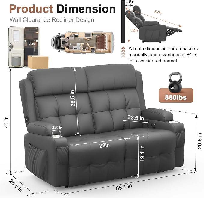 Reclining Loveseat, 55.1" RV PU Leather Wall Hugger Recliner Love Seats Sofa with Charging Station, Removable Armrest, Cup Holder, Double Recliners Couch, Manual Love Seat for Living Room