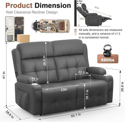 Reclining Loveseat, 55.1" RV PU Leather Wall Hugger Recliner Love Seats Sofa with Charging Station, Removable Armrest, Cup Holder, Double Recliners Couch, Manual Love Seat for Living Room