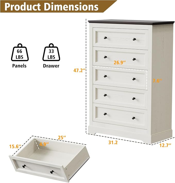 LOUVIXA Farmhouse Bedroom Sets of 4, Including 9 Drawer Dresser, 5 Drawer Dressers and Nightstand Set of 2 with Charging Station (Off White Sets, 3 Pieces-9 Drawer Dresser+2 Nightstand)