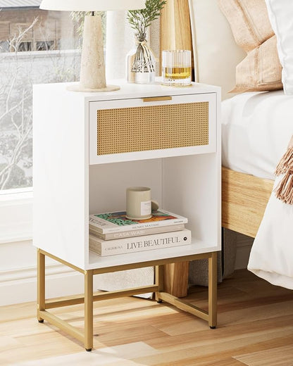 Masupu Rattan Nightstand,Modern Night Stand Boho Farmhouse Wood Bedside Table with Storage Drawer Side End Table for Bedroom,Office,White