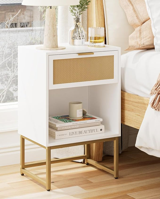 Masupu Rattan Nightstand,Modern Night Stand Boho Farmhouse Wood Bedside Table with Storage Drawer Side End Table for Bedroom,Office,White