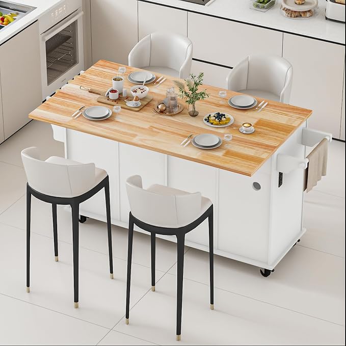 67 Kitchen Island Cart with Drop Leaf Breakfast Bar, Rolling Mobile Kitchen Island Table on Wheels with Storage Cabinet, Drawer, Spice/Towel Rack, White