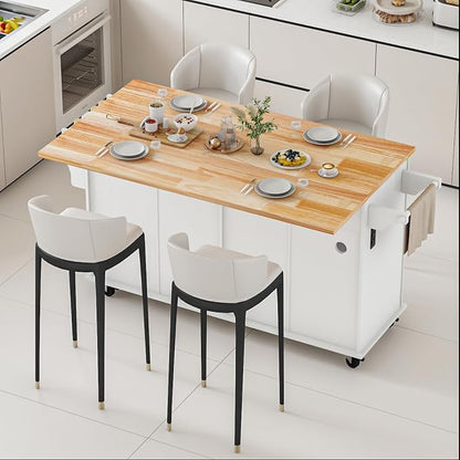 67 Kitchen Island Cart with Drop Leaf Breakfast Bar, Rolling Mobile Kitchen Island Table on Wheels with Storage Cabinet, Drawer, Spice/Towel Rack, White
