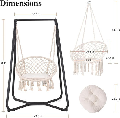 SUNCREAT Patio Swing Chair with Stand and Cushion, Heavy Duty Hanging Chair with Stand for Bedroom, 330 lbs Capacity, Patent Pending, Beige